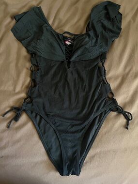 YMI Black Ribbed One-Piece Swimsuit with Side Ring & Tie Details